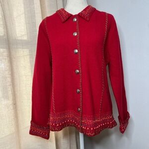 Icelandic Design Boiled Wool Cardigan Sweater Metal Buttons Embroidered Red Sz L